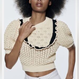ZARA knit top ruffle trim puff sleeve’s
 Cream Knit Sweater with Black Trim